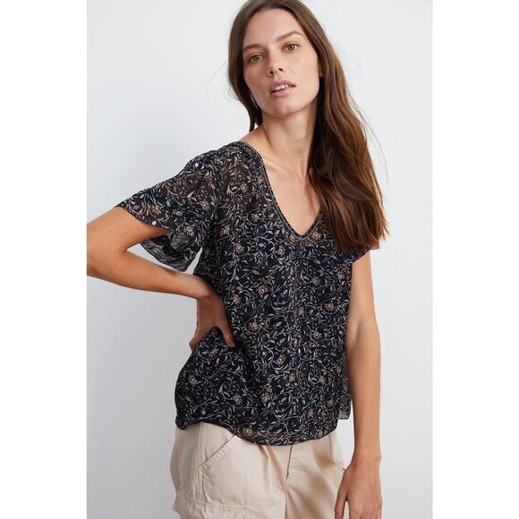 Velvet Graham Spencer Tracia Scoop Neck Beaded Floral Sheer Black Size XL - Picture 1 of 13